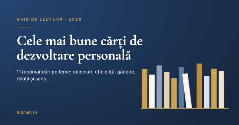 Ilustrație: raft cu cărți și titlul „Cele mai bune cărți de dezvoltare personală”, ghid de lectură 2026